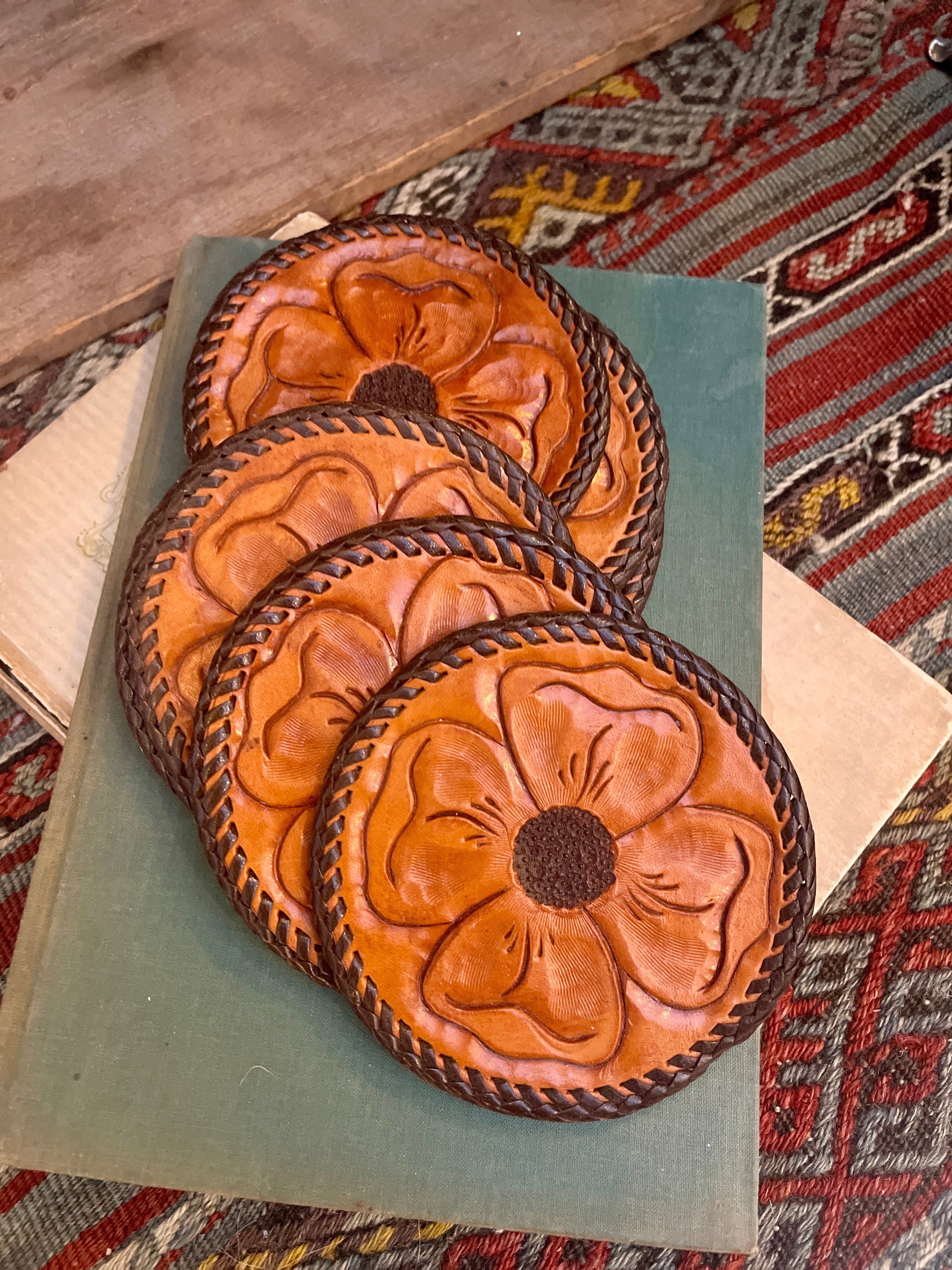 Vintage Leather Coasters - Set of 9