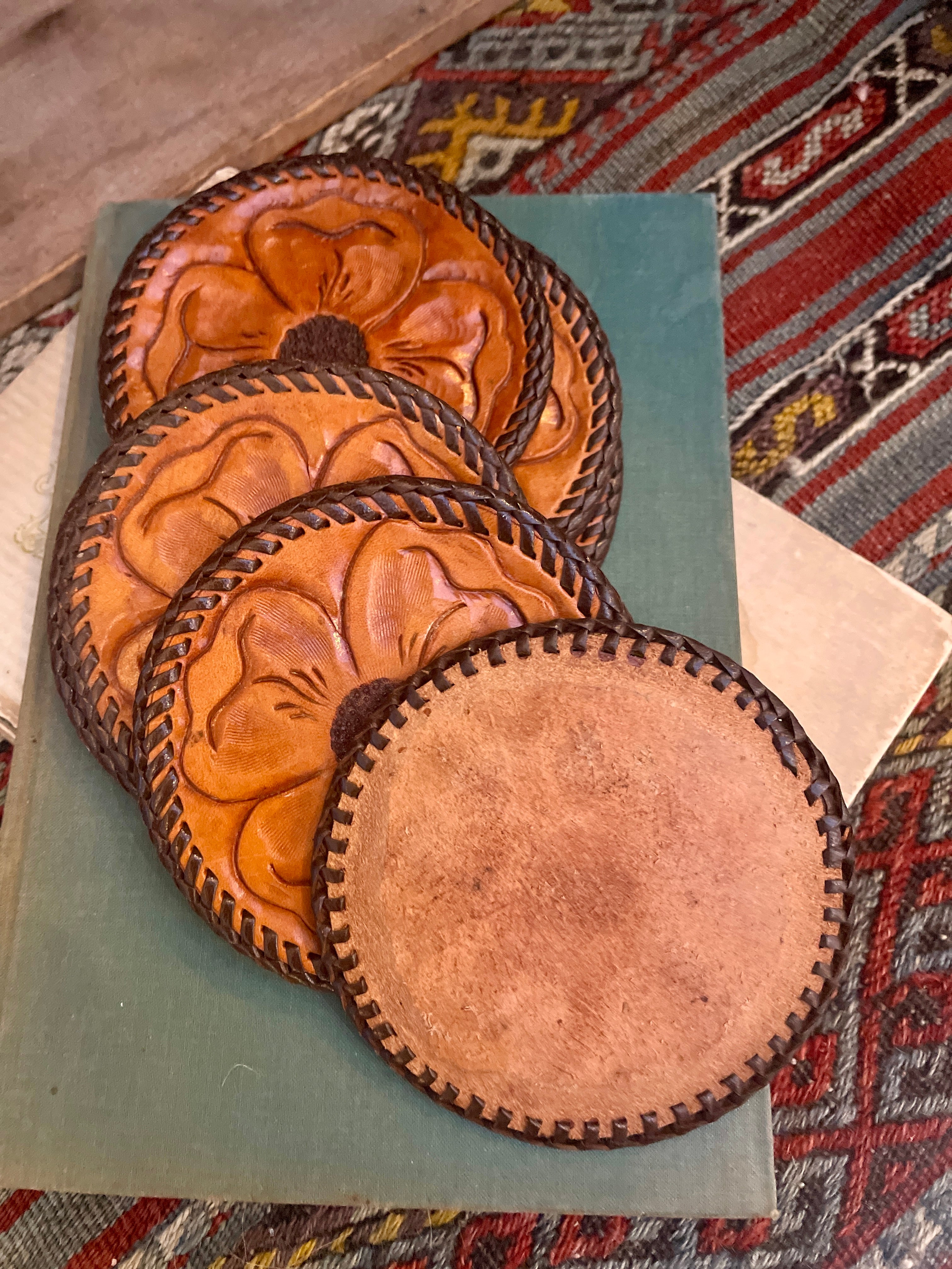 Vintage Leather Coasters - Set of 9