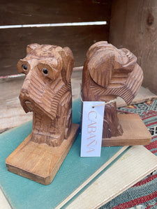 Vintage Carved Wood Dog Bookends